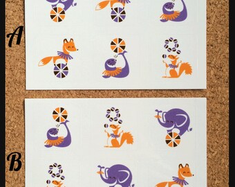 Circus stickers, 1 sheet with 6 different stickers - Elephant, Fox, Seal, Squirrel