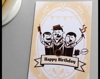 Happy Birthday Card - Retro style postcard with barbershop singers and a little bird with hats and flags
