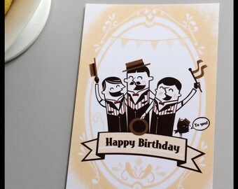 Happy Birthday Card - Retro style postcard with barbershop singers and a little bird with hats and flags