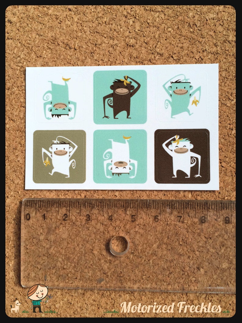 Monkey stickers, 1 sheet with 6 different happy monkeystickers image 2