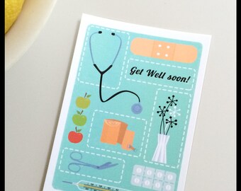 Get well soon! Card, Turquoise postcard with a retro style illustration, with stethoscope, thermometer, bandage, pills, flowers, apples