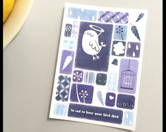 Animal condolance card -  Bird - retro style postcard for pet in purple