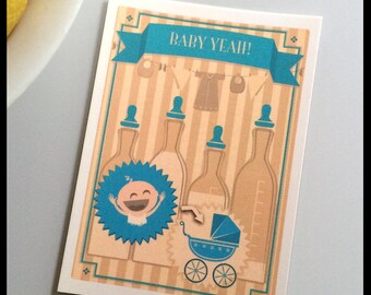 Baby yeah! card - retro style postcard in blue with a happy baby, pram, milk bottels and clean laundry
