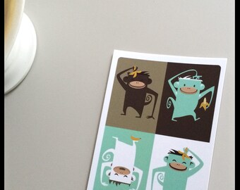 Monkey card 2, Colourfull and happy image of four monkeys holding bananas