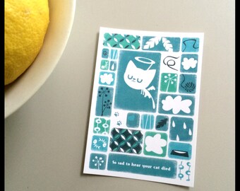 Animal condolance card -  Cat - retro style postcard in blue