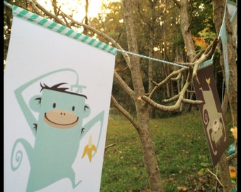 Monkey bunting- 4,5 meters/ 177,17 inch long with retro monkeys with bananas in Turquoise, white, brown and yellow