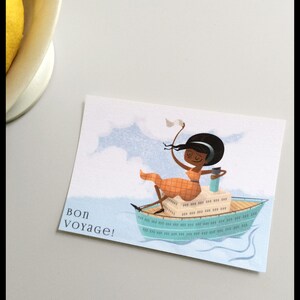 Carta Bon Voyage - Retro cartolina con la donna su una barca - biglietto per augurare a qualcuno un bel viaggio