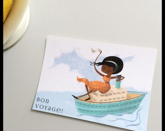 Bon voyage Card - Retro style postcard with a woman on a boat, for wishing someone a nice trip