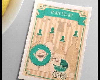 Baby yeah! card - retro style postcard in green with a happy baby, pram, milk bottels and clean laundry
