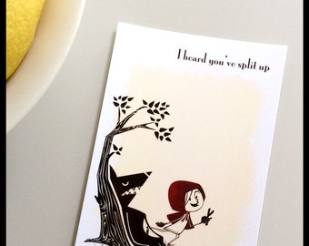 postcard - I heard you've split up, in Retro style, little red riding hood, wolf, scissors, tree