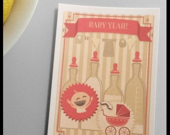 Baby yeah! card - retro style postcard in pink with a happy baby, pram, milk bottels and clean laundry