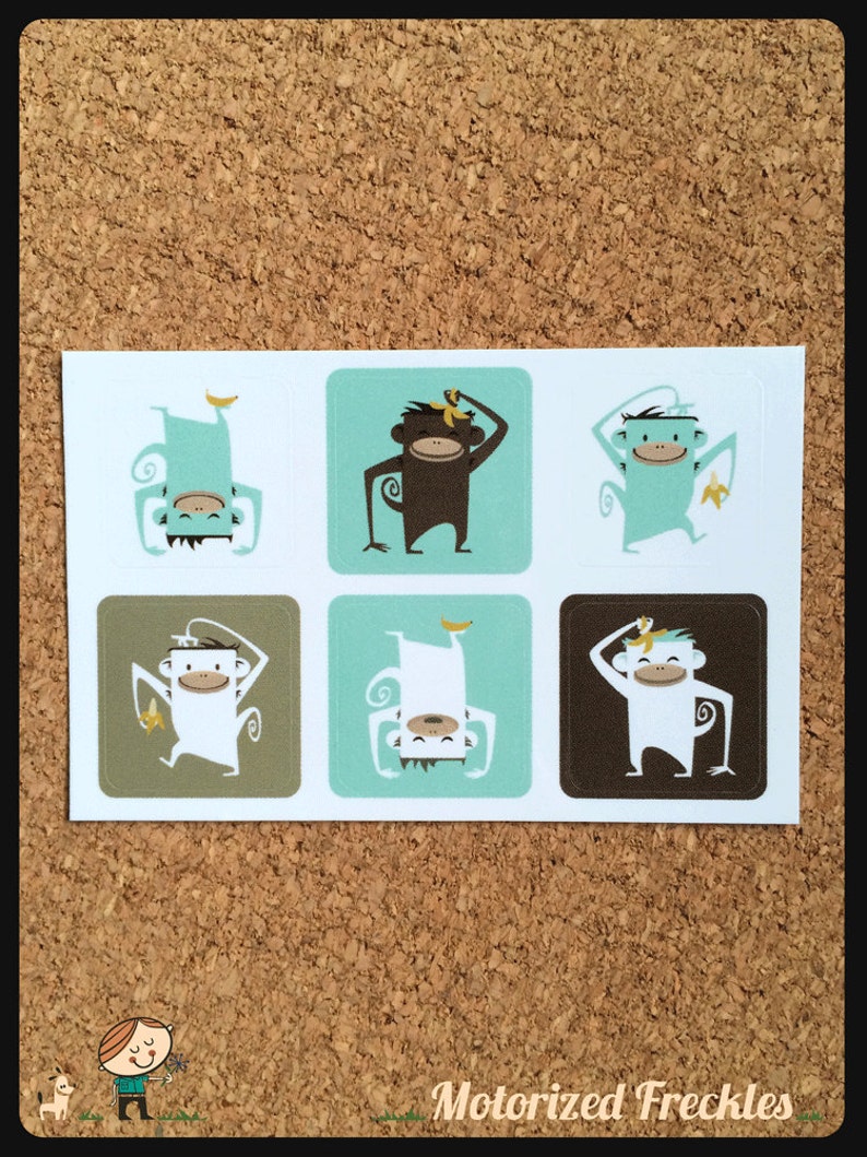 Monkey stickers, 1 sheet with 6 different happy monkeystickers image 1