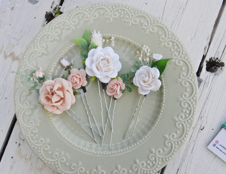 Blush and White Hair Pins Wedding Flower Hair Pins Bridal Etsy