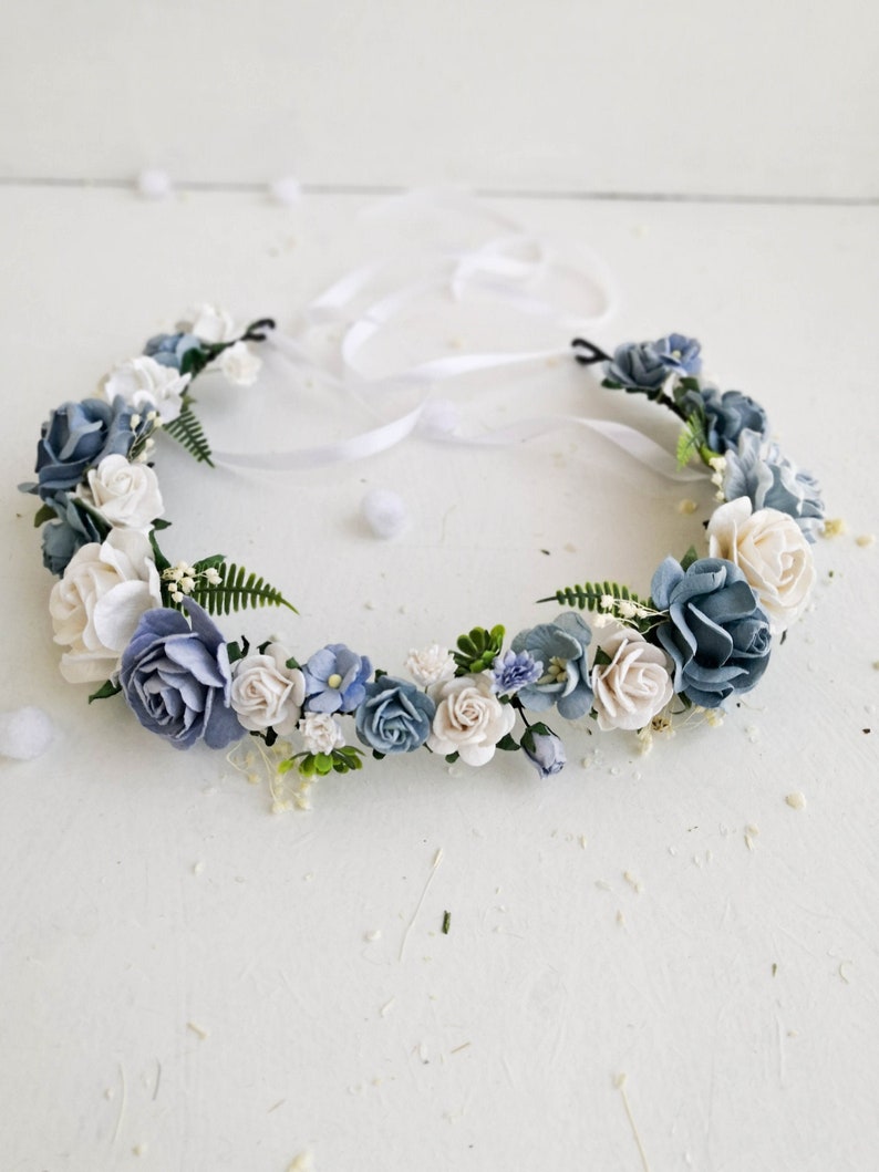 Flower crown, Dusty blue and white flower crown, Flower girl cro Flower crown, Dusty blue and white flower crown, Flower girl cro