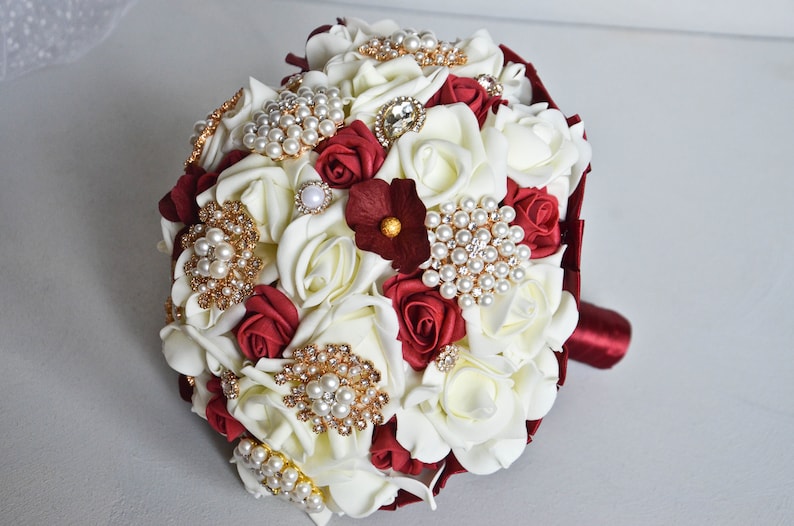 Gold Burgundy Ivory Foam Bouquet Brooch bouquet wedding Fabric bouquet Unique wedding bouquet Rose champagne burgundy bridal bouquet