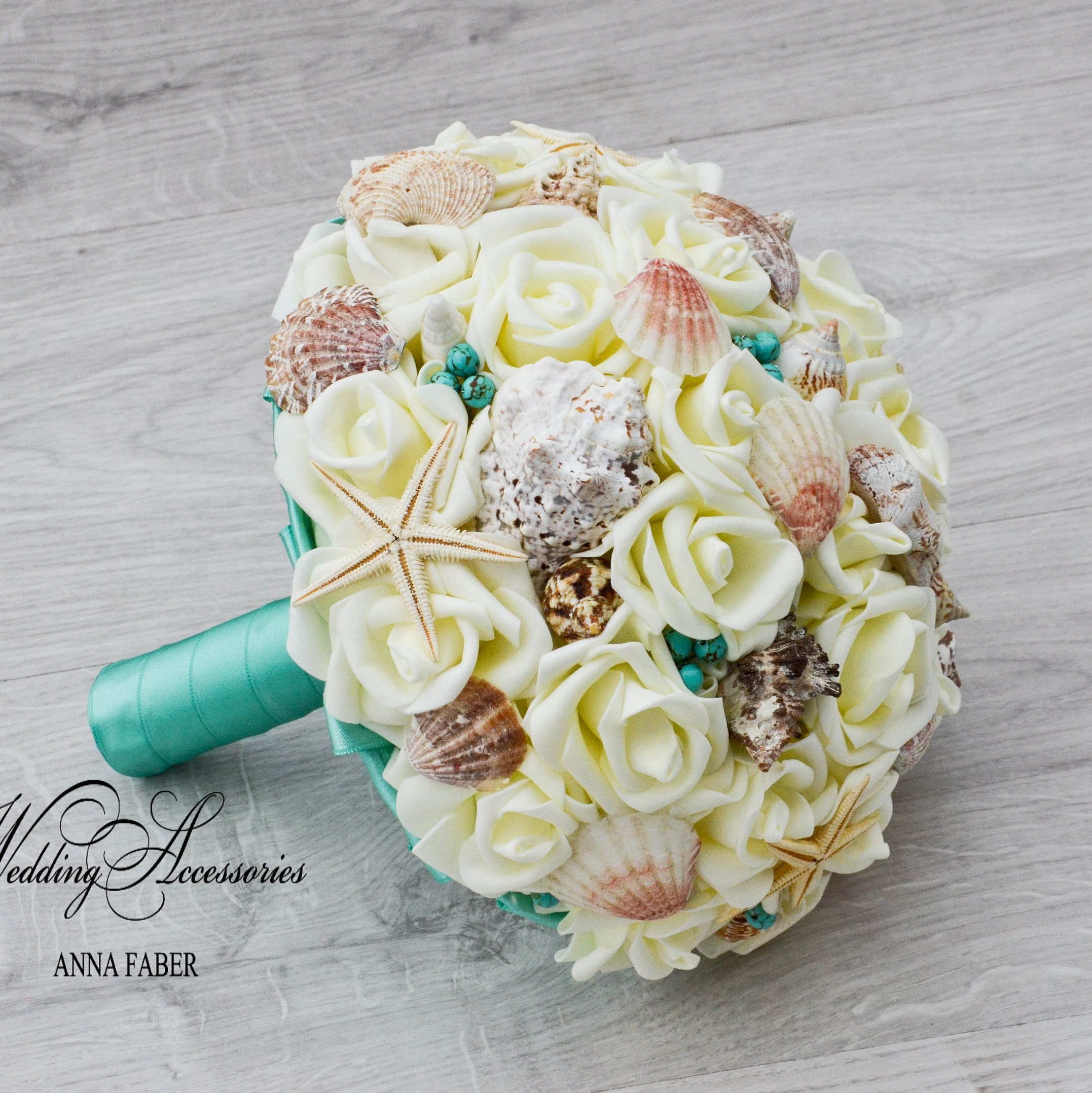 Beach Wedding Bouquet Teal Seashell Bouquetteal Shell Bridal Etsy