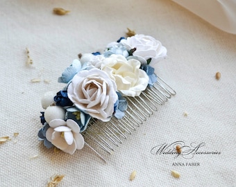 Flower hair piece, Blue flowers, Bridal Headpiece, Wedding Hair Piece, Flower Bridal Hair Comb, Floral Hair Comb, Flower hair clip, Blue