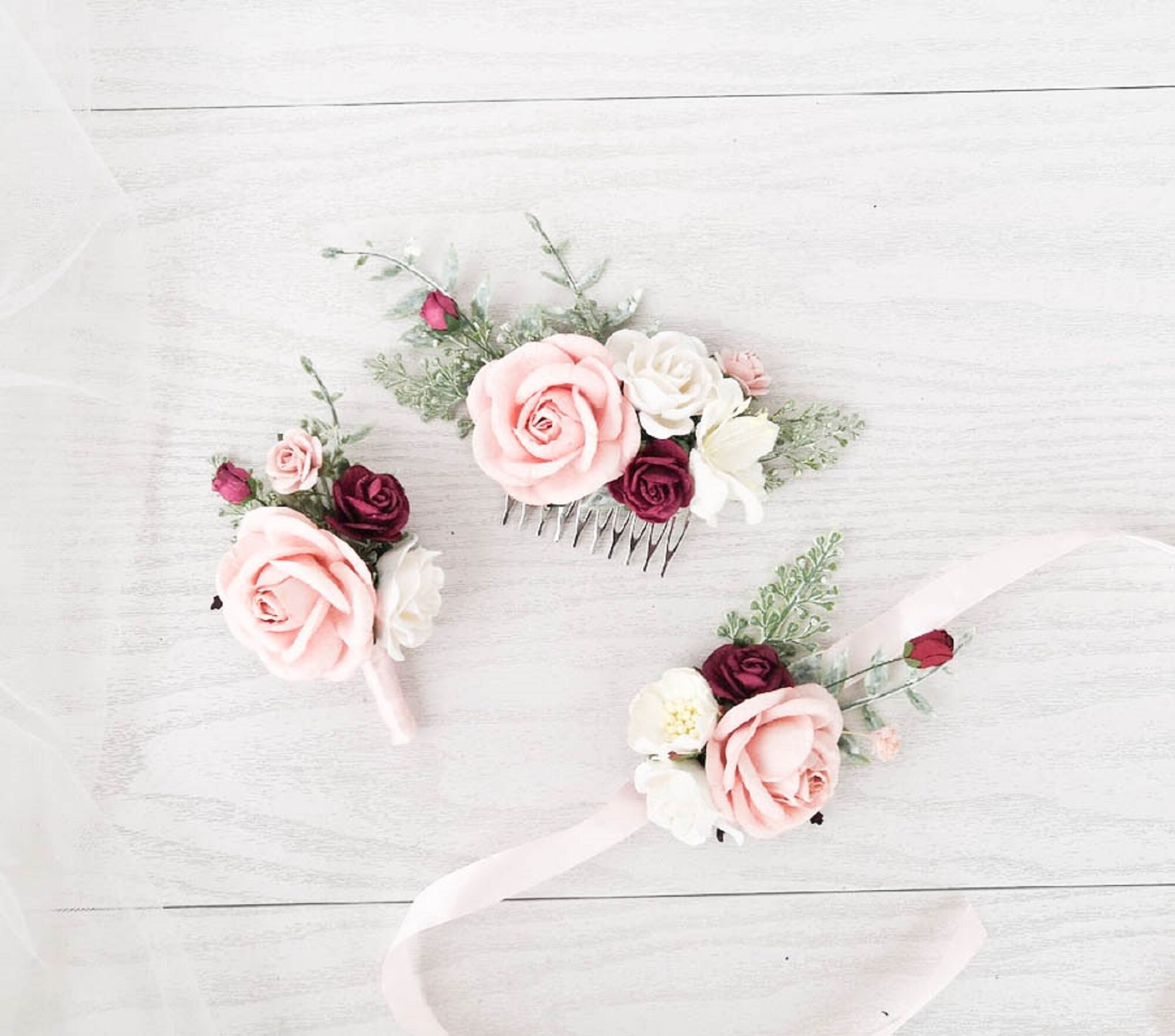 Blush Burgundy flower hair comb Bridesmaid hair piece Bridal Etsy