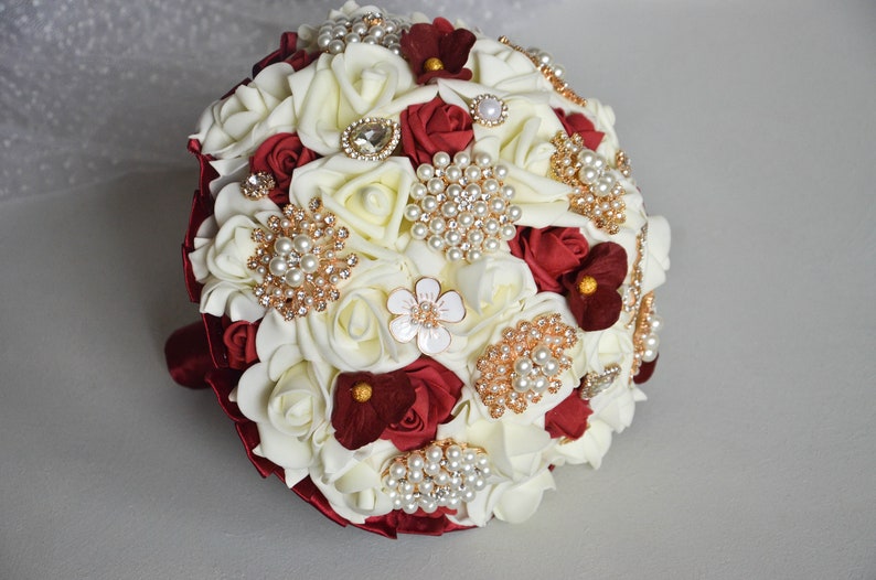 Gold Burgundy Ivory Foam Bouquet Brooch bouquet wedding Fabric bouquet Unique wedding bouquet Rose champagne burgundy bridal bouquet