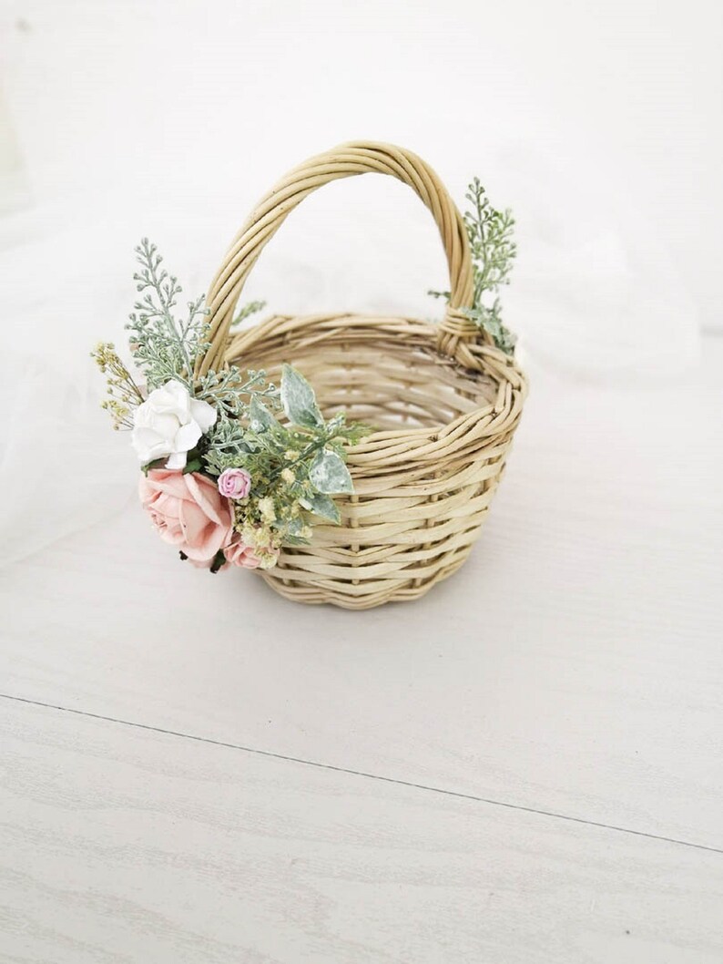 Flower girl basket Wicker baskets with pink flowers Rustic Etsy