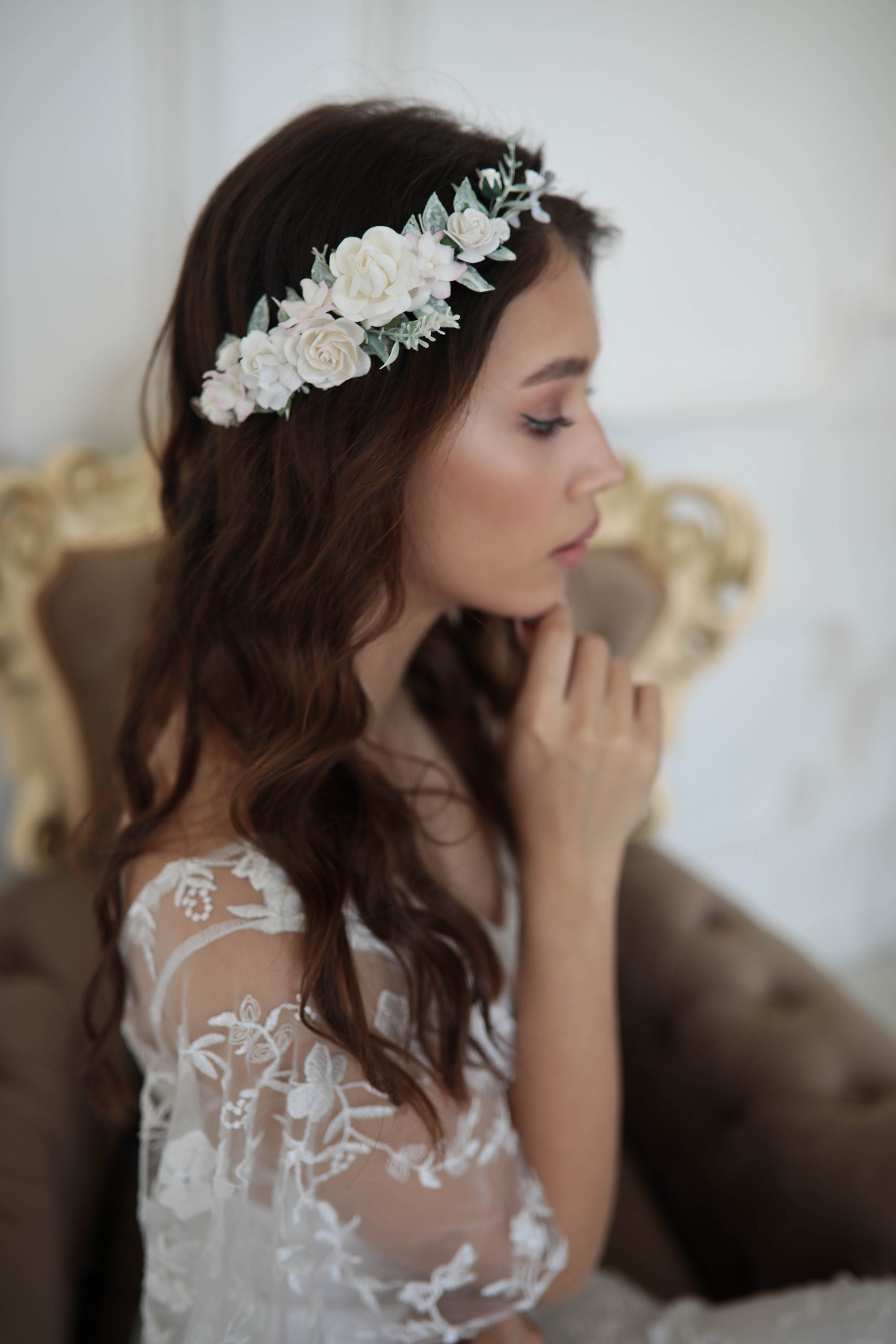 White flower crown Wedding Flower Crown Side Flower crown Etsy