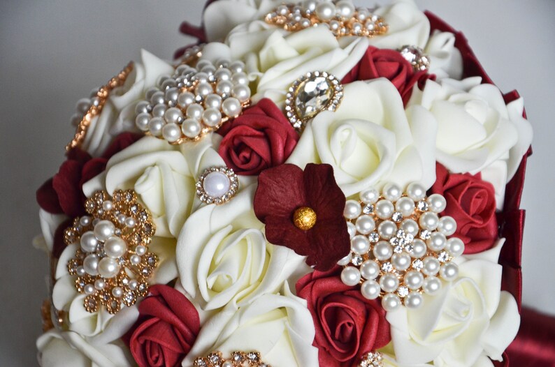 Gold Burgundy Ivory Foam Bouquet Brooch bouquet wedding Fabric bouquet Unique wedding bouquet Rose champagne burgundy bridal bouquet