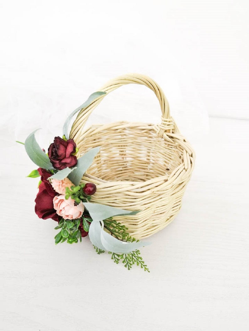 Flower girl basket Wicker baskets with burgundy flowers Etsy