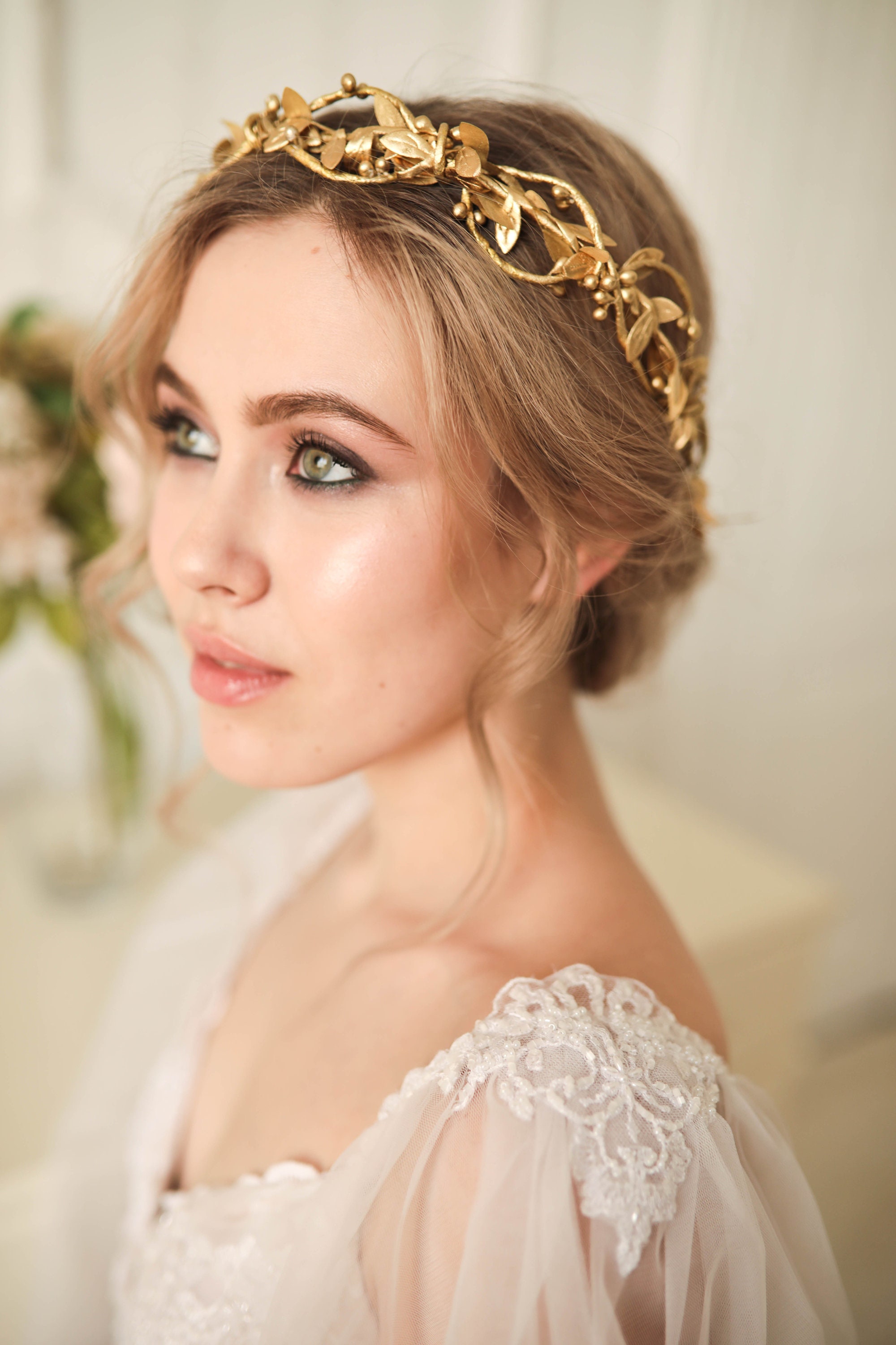 Gold Flower Crown Gold Flower Tiara Gold Leaf Crown Woodland Etsy