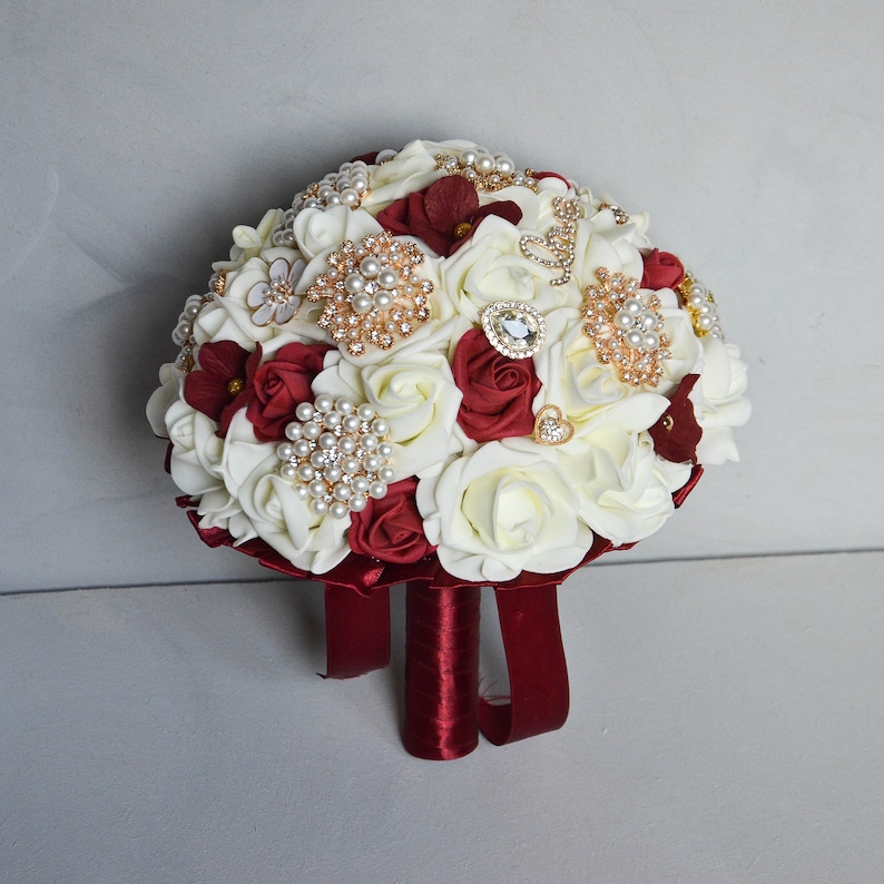 Gold Burgundy Ivory Foam Bouquet Brooch bouquet wedding Fabric bouquet Unique wedding bouquet Rose champagne burgundy bridal bouquet