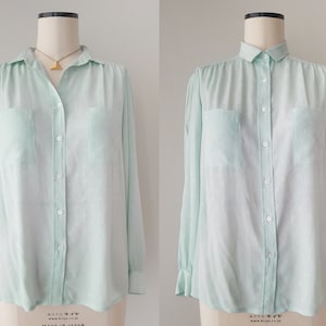 Light turquoise vintage Rodier blouse, 1980s blouse in mint green pastel color with texture. Size M/L image 3