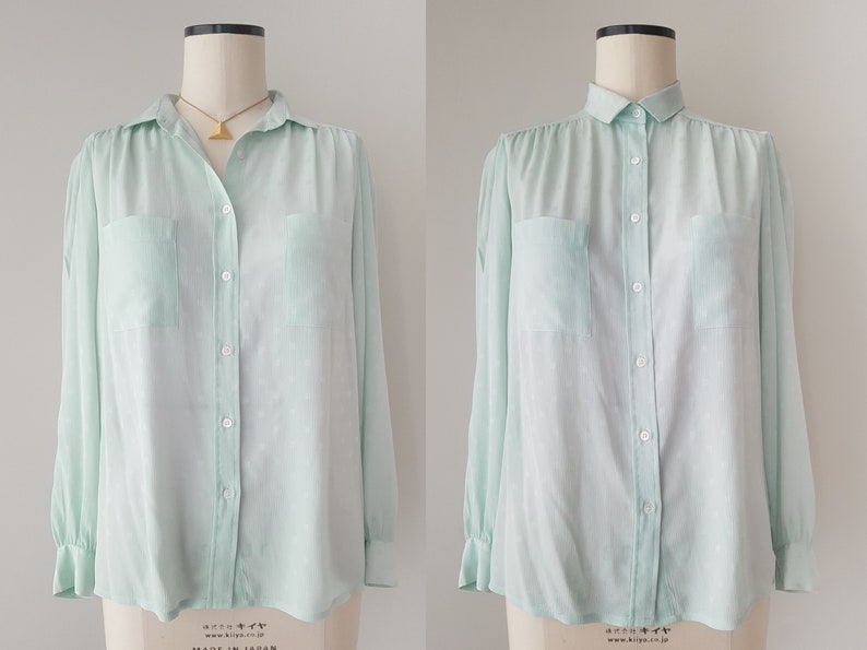 Light turquoise vintage Rodier blouse, 1980s blouse in mint green pastel color with texture. Size M/L image 3
