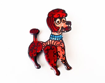 Funny poodle brooch, vintage enamel brooch in the shape of a red dog