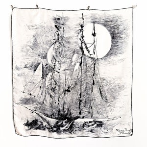 Rare, very old vintage silk scarf by Maggy Rouff with a picturesque sailboat motif in black and white image 1