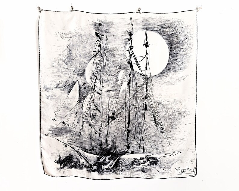 Rare, very old vintage silk scarf by Maggy Rouff with a picturesque sailboat motif in black and white image 1