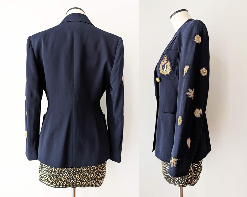 Unique Vintage Lolita Lempicka blazer in dark blue with gold patches and buttons. Size S image 3