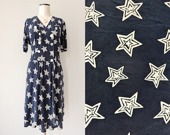 1980s silk dress, dark blue summer dress with star pattern. Size M / L