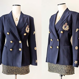 Unique Vintage Lolita Lempicka blazer in dark blue with gold patches and buttons. Size S image 4