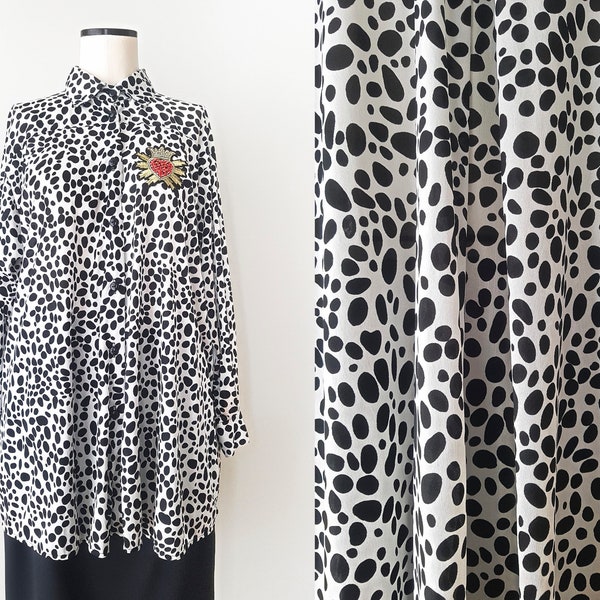 Chemisier longue vintage noir et blanc des années 80 avec motif "Dalmatien" par Bill Blass, ILGWU, taille M.