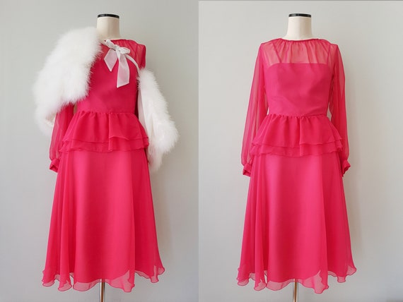Pink prom dress vintage 1970s chiffon dress S - image 1
