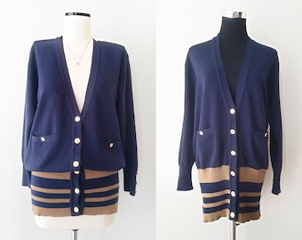1980s cardigan in navy blue with brown stripes and gold buttons "ROYAL ASCOT". Size XXS