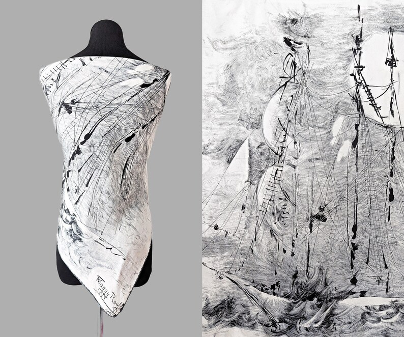 Rare, very old vintage silk scarf by Maggy Rouff with a picturesque sailboat motif in black and white image 2