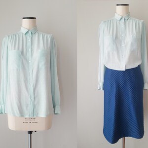 Light turquoise vintage Rodier blouse, 1980s blouse in mint green pastel color with texture. Size M/L image 4