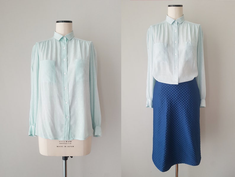 Light turquoise vintage Rodier blouse, 1980s blouse in mint green pastel color with texture. Size M/L image 4