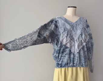 Fairy grunge blouse, blue whimsigoth top with lots of details and batwing sleeves. Size M / L / XL