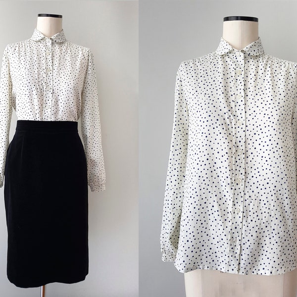 Pretty, classic blouse cream-colored with blue dots, polka dots, M