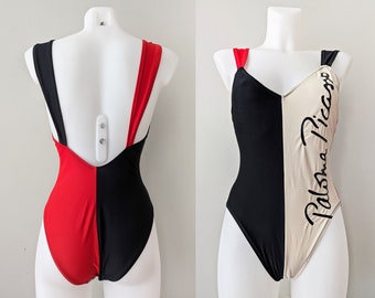 Vintage Paloma Picasso swimsuit, graphic in black, beige and red, size M