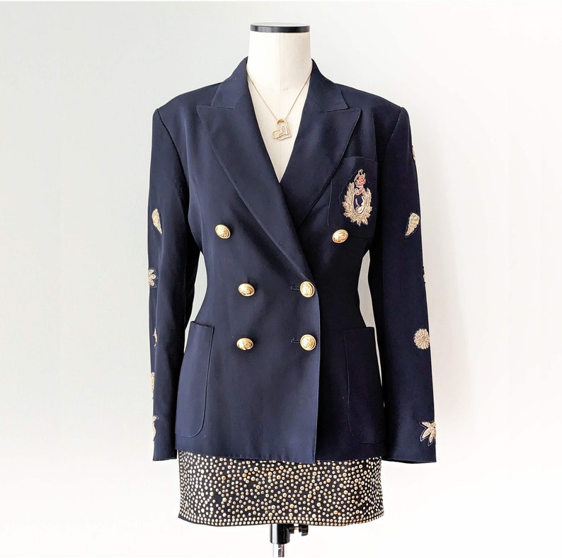 Unique Vintage Lolita Lempicka blazer in dark blue with gold patches and buttons. Size S image 2