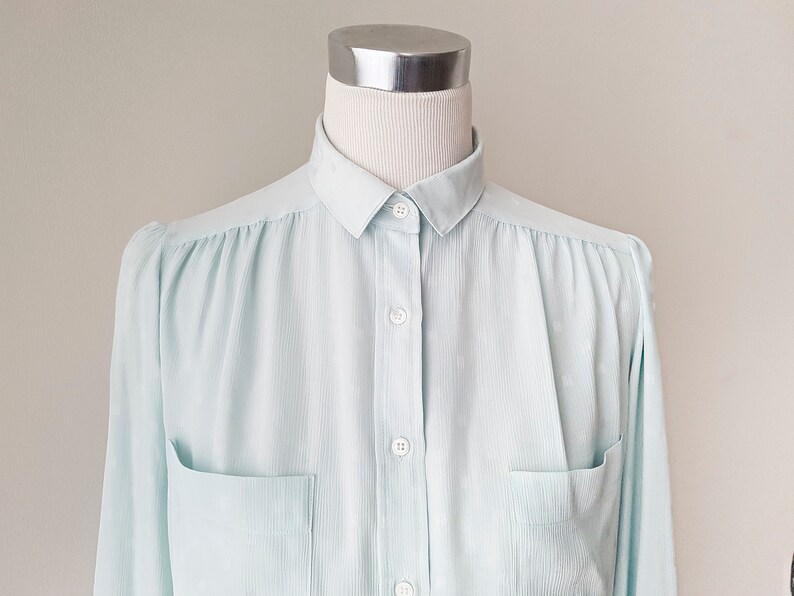 Light turquoise vintage Rodier blouse, 1980s blouse in mint green pastel color with texture. Size M/L image 2