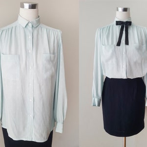 Light turquoise vintage Rodier blouse, 1980s blouse in mint green pastel color with texture. Size M/L image 1