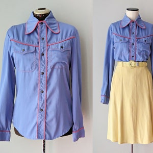 Western shirt, cowboy shirt, cowgirl blouse in blue with red piping and beagle collar (men's S, women's XL)
